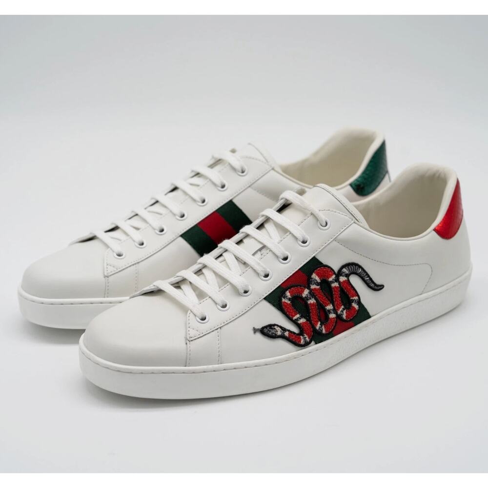 NEW Gucci Ace Kingsnake Embroidered Leather Sneakers Men US 16.5 White No Box